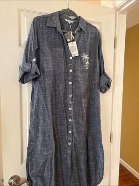 blue island Navy Button-Front Shirt Dress with Palm Embroidery